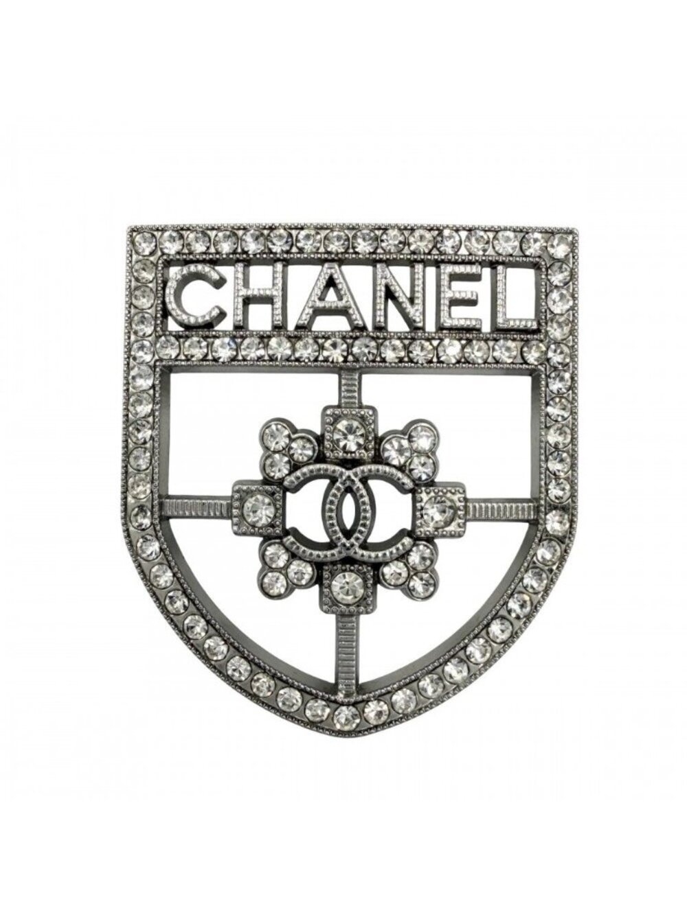 Chanel Brooch Emblem CC Logo Rhinestone 21k Silver